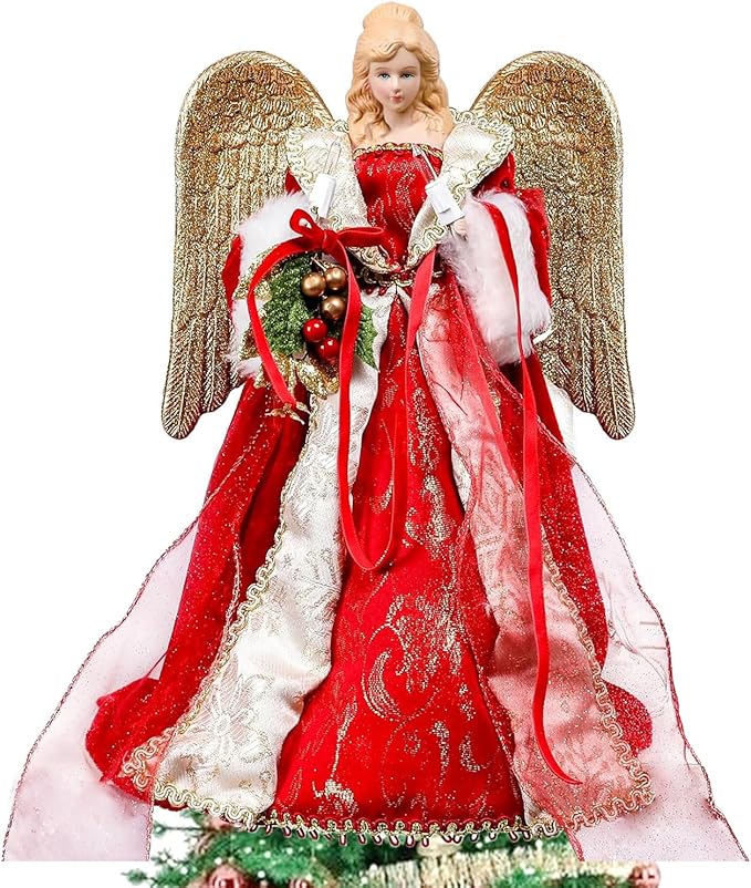 Vigdur Christmas Tree Topper Lights - 13Inch Angel Christmas Tree Topper Plug in with LEDs Golden Wings, Angel Christmas Decorations for Home Holiday Party Wedding Christmas Decor