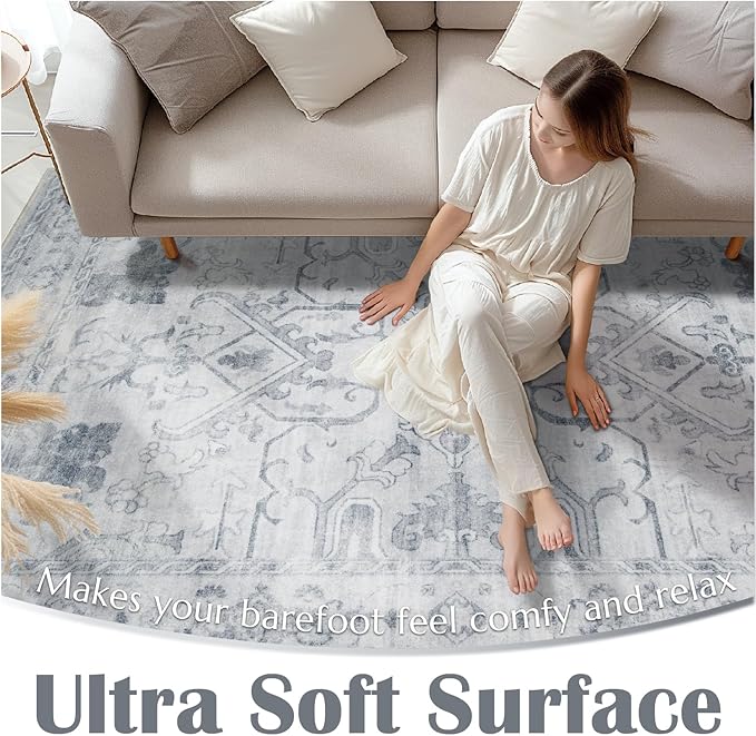 jinchan Hallway Runner Rug 2x8 Machine Washable - Vintage Floral Non-Slip Low-Pile Soft Ultra-Thin Faux Wool Kitchen Rug Distressed Carpet Runner for Farmhouse Bedroom Laundry Room (2x8ft, Grey)