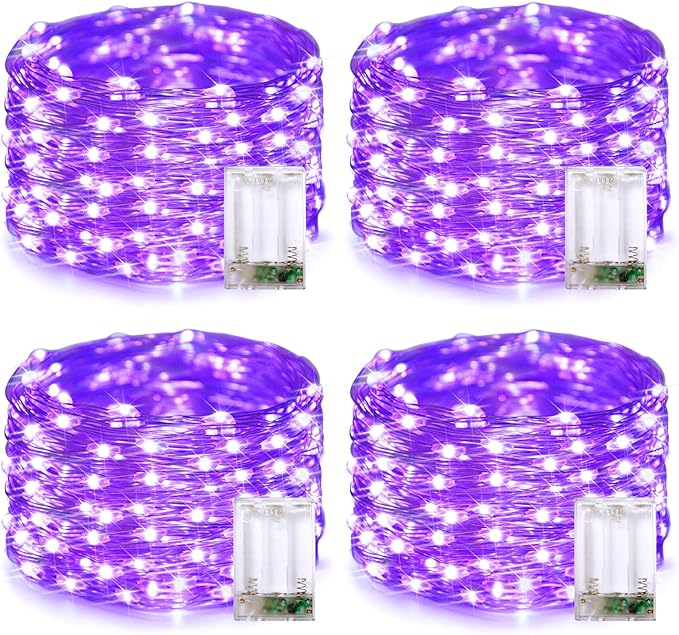 JMEXSUSS 4 Pack 50 LED Purple Christmas Fairy Lights Battery Operated, 16.1ft Purple String Lights Indoor Outdoor Waterproof for Bedroom Party Halloween Xmas Decorations