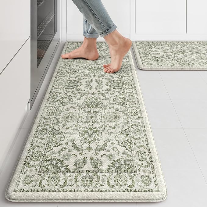 KIMODE Anti Fatigue Kitchen Mat Set, Non Slip Waterproof Kitchen Rug Set of 2, Boho Rugs for Kitchen, Ergonomic Standing Kitchen Sink Mats for Floor, 17"x29.5"+17" x47”, Green