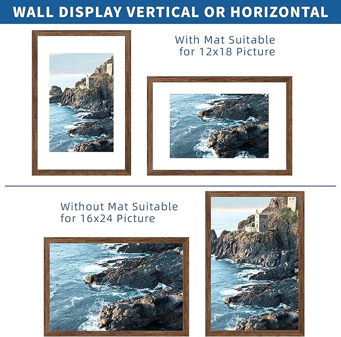 16x24 Frame Set of 2, Rustic Brown Wood Style - Display 16 x 24 Picture without Mat or 12x18 Picture with Mat, Wall Mounting Horizontal and Vertical