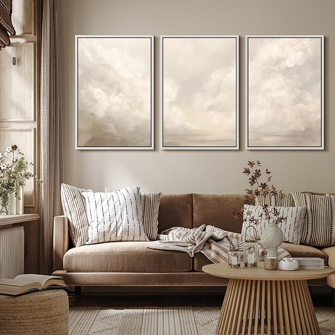 MUDECOR Framed Wall Art Print Set Neutral Cloudscape Soft Beige Abstract Sky Illustrations Modern Art Boho Decorative Colorful Chic for Living Room, Bedroom, Office - 16"x24"x3 White
