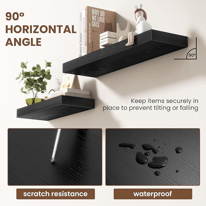 48 Inch Floating Shelves for Wall 2 Pack, 48" Wall Shelves for Books, Storage, Decor, Wall Mounted Floating Shelf with Invisible Brackets for Kitchen, Living Room, Black