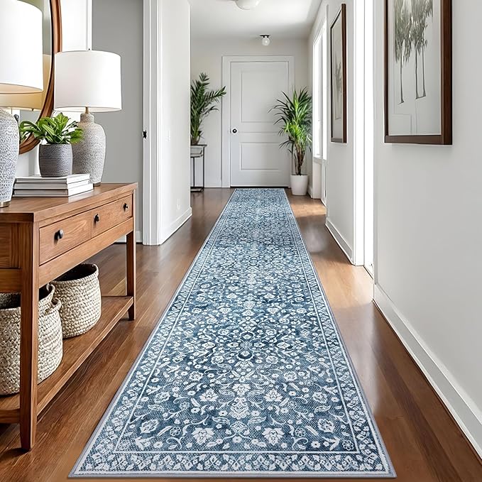 Vintage 2.6x18 Hallway Runner, Blue and White Washable Non-Slip Long Hallway Carpet, Super Soft Kitchen Runner, Print Faux Wool Floral Thin Carpet for Entryway
