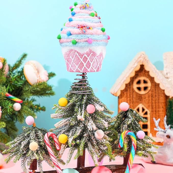 Retisee 7.9 Inch Pastel Dessert Christmas Tree Topper Pink Cupcake Tree Topper Candy Donut Christmas Tree Decoration Pastel Christmas Ornaments for Christmas New Year Birthday Party Decor