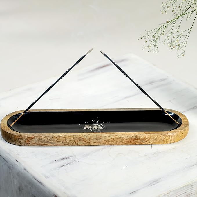 The Art Box Hand-Painted Incense Burner Holder Black - 12x4x1 inch Wooden Long Incense Stick Tray Holder for Modern Gift, Ash Catcher Incense Stick Holder - Meditation & Yoga