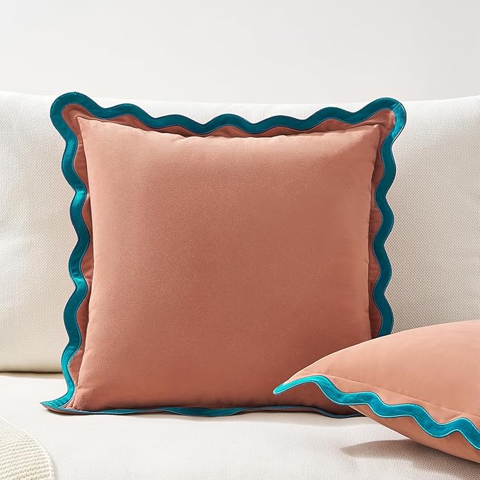 MONDAY MOOSE Decorative Throw Pillow Covers Cushion Cases, Set of 2 Soft Velvet Scalloped Wavy Edge Designs, Mix and Match for Home Decor, Pillow Inserts Not Included (20x20 inch, Teal/Pink)