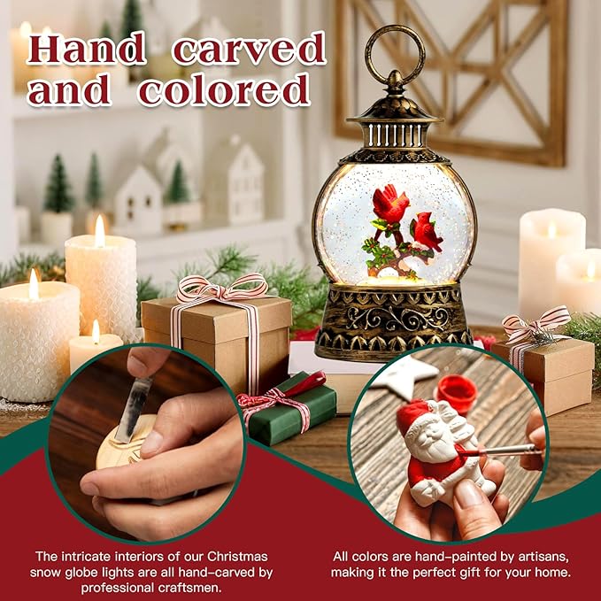 Cardinal Christmas Snow Globe, Cardinal Musical Snow Globe Lantern Lights with 6H Timer Battery & USB Powered, Retro Style Holiday Glitter Globe for Xmas Home Decoration Holiday Party Gifts