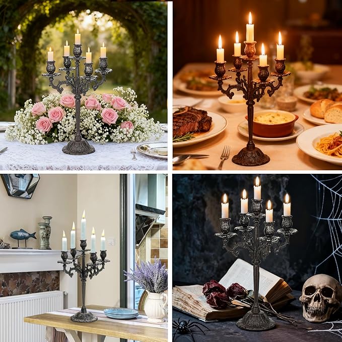 Sungmor Heavy Duty Cast Iron Candlestick Holders - Handcrafted Vintage Candelabra - 17Inch Tall & 5 Arms Candle Holders - Decorative Pillar Candle Stand for Christmas Birthday Wedding Home Party