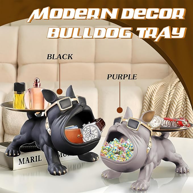 Resin French Bulldog Tray Statue, Bulldog Candy Dish Key Holder Bowl, French Bulldog Accessories, Statues for Office Desk Home Decor Figurines Entryway Table Decor (Black)