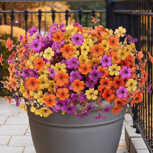 Artificial Flowers for Outdoor Decoration,Faux Daisy Flowers for Spring Decor,Realistic Eucalyptus Leaves Silk Mums Fake Plants for Garden Pot,Front Porch,Courtyard,Patio,Lawn (Purple Orange Yellow)