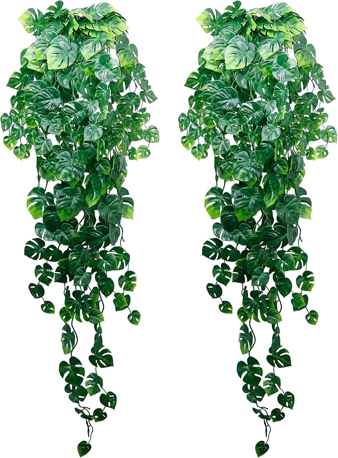 Artificial Hanging Plants for Shelf, 2-Pack Fake Potted Greenery Faux Monstera Leaves Vines in Black Pot, Décor for Office Living Room Bathroom Indoor Outdoor