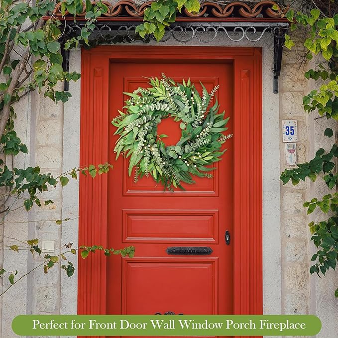 22 Inch Eucalyptus Wreaths for Front Door Year Round, Large Green Artificial Farmhouse Wreath for Home Decorations Outdoo Indoor Wall Window Porch