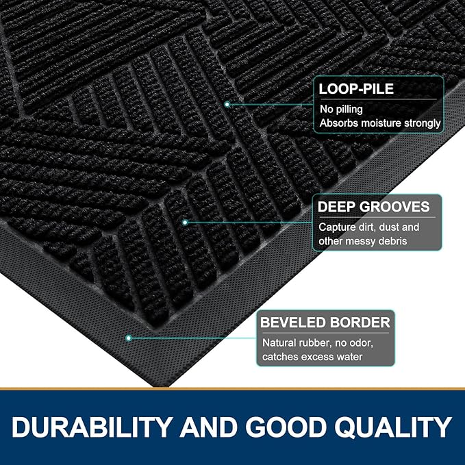 Smiry Front Door Mat Outside Entrance, Heavy Duty Sturdy Natural Rubber Doormat, Trap Dirt and Moisture, Easy Clean Low Profile Welcome Floor Mats for Indoor Outdoor Entry, 59x34 Inch, Black