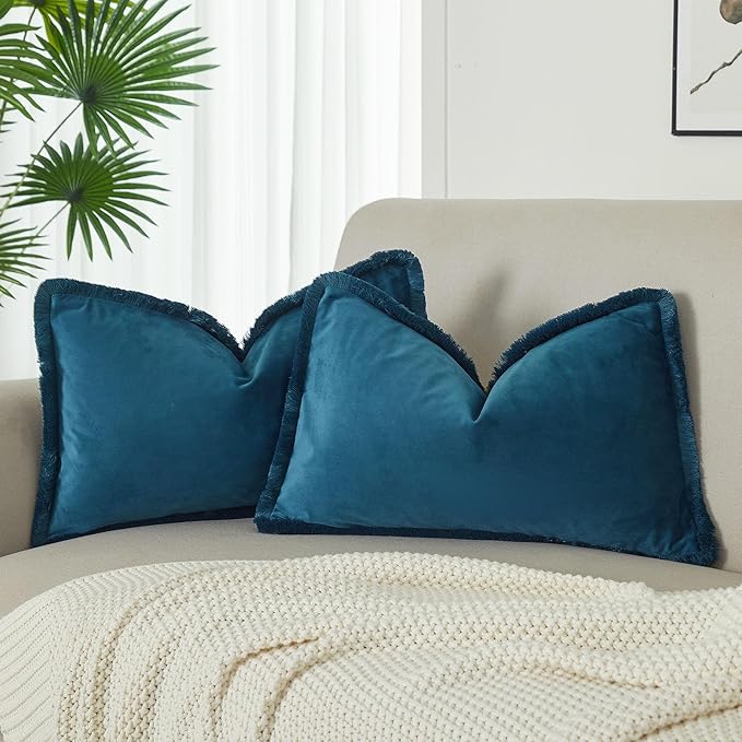 JUSPURBET Prussian Lumbar Velvet Throw Pillow Covers 12x20 Inch Set of 2 with Soft Tassel Fringe Luxury Boho Pillowcase for Sofa Couch Bed Home Decor Machine Washable