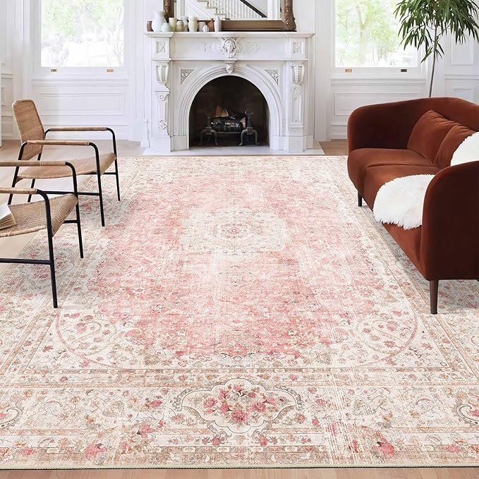 9x12 Area Rugs Washable,Pink Rug for Living Room Bedroom Dining Room,Large Boho Vintage Bohemian Distressed Carpet Non Slip,Blush