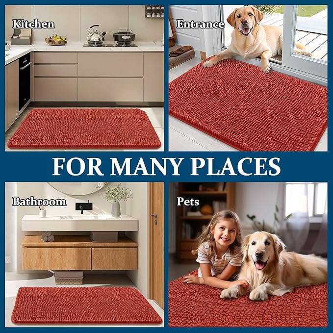 OLANLY Dog Door Mat for Muddy Paws 54x32, Absorbs Moisture and Dirt, Absorbent Non-Slip Washable Doormat, Quick Dry Chenille Mud Mat for Dogs, Entry Indoor Entryway Carpet for Inside Floor, Maple Red
