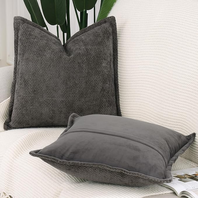 MADIZZ Chenille Velvet Throw Pillow Covers with Flange Set of 2 Super Soft Boho Textured Pillow Covers Decorative Throw Pillowcases Modern Farmhouse Home Decor for Sofa Bedroom Dark Taupe 20x20 Inch