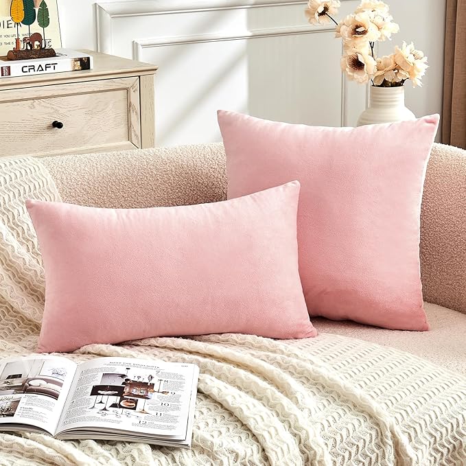 Throw Pillow Covers Pink Set of 2 12x20 Inch Pillow Covers, Soft Velvet Cute Lumbar Decorative Pillowcases for Couch Sofa Bed, Home Boho Decor, Modern Cushion Covers