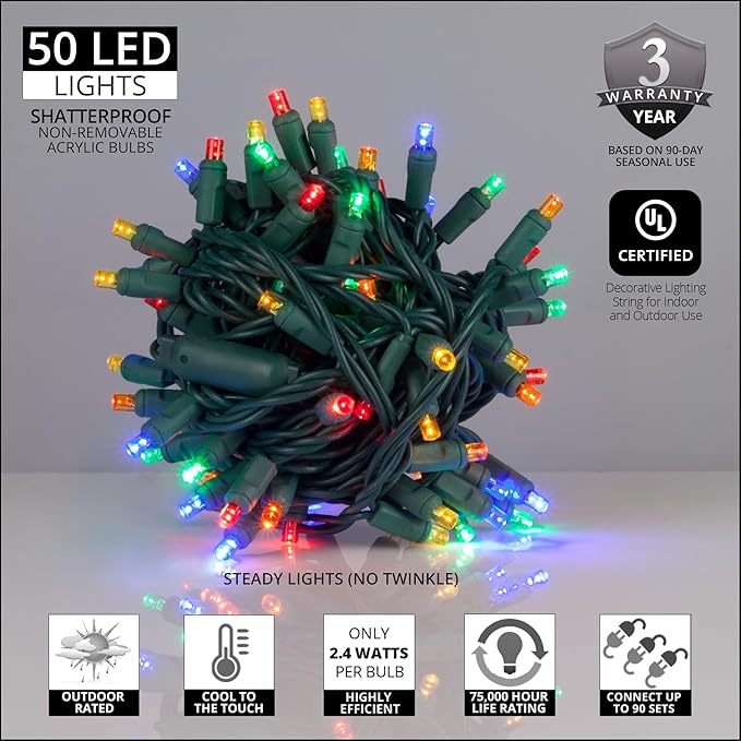 Kringle Traditions 50 Count Multicolor Christmas Lights – 17 ft LED Mini String Lights with 4 Inch Spacing, Indoor Outdoor Holiday & Party Décor