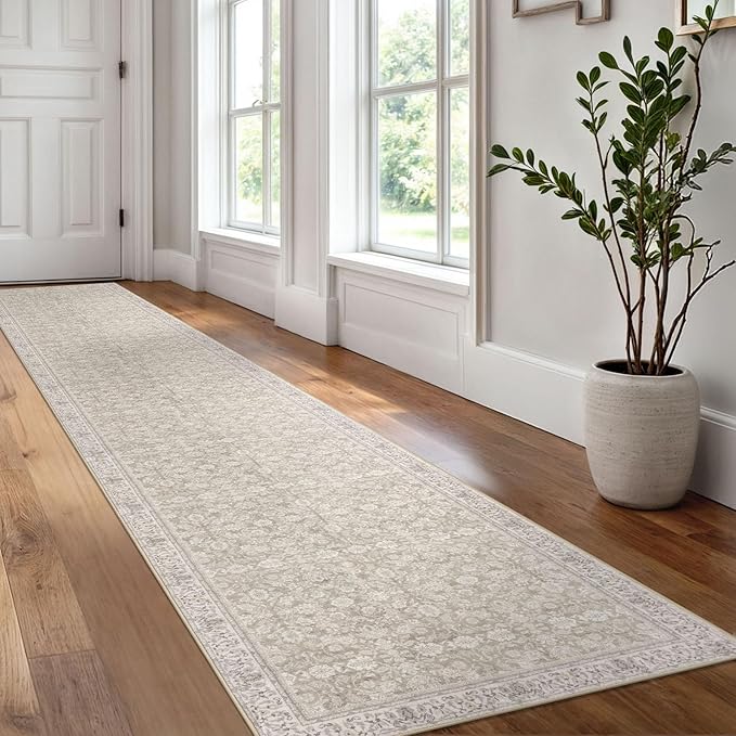 2x12 Washable Runner Rug for Kitchen, Cream Beige White Grey Soft Classic Runner with Non-Slip, Non-Shedding Distressed Floral Rug for Hallways Entryway Bedroom Laundry Indoor