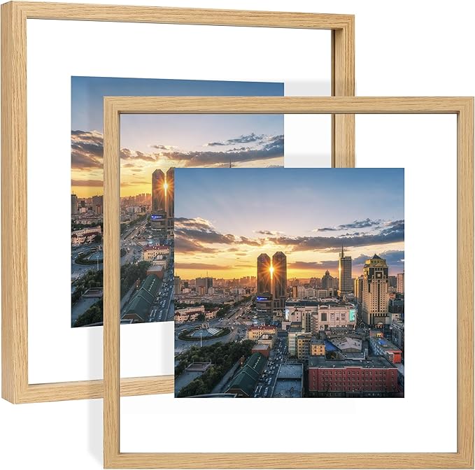 12x12 Floating Picture Frame Set of 2, Double Glass Photo Frame Wooden Frame for Wall Mount or Tabletop Displays for 8x10, 10x10 inch Pictures, Plane Edge Frames, Natural