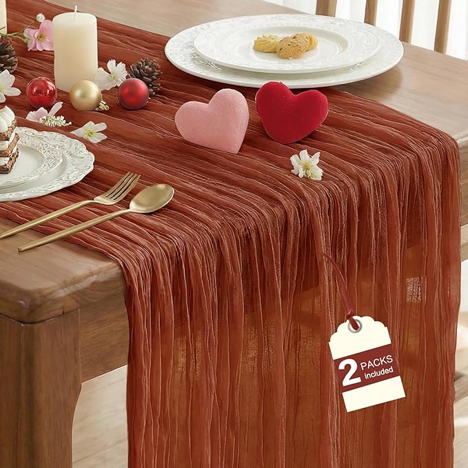 IVAPUPU 2 Pcs Cheesecloth Fall Thanksgiving Table Runner - 10ft Terracotta Boho Gauze Cheese Cloth Table Runner for Baby Shower Decoration Wedding Party Summer Garden Farmhouse