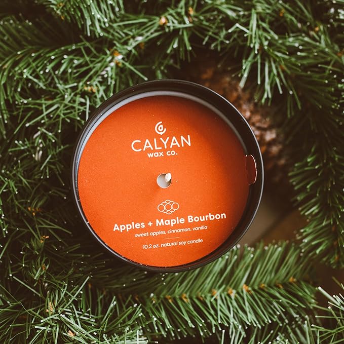 Calyan Wax Co. Apples & Maple Bourbon Scented Candle - 75 Hour Burn - Luxury Non Toxic Soy Wax Candles - Long Lasting Black Tumbler Jar Candle for Home - 10.2oz