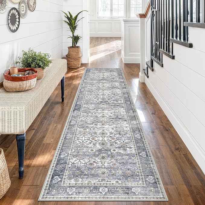 KUTA Vintage Floral Washable Hallway Runner, 2x7 Runners for Hallways Non-Slip Kitchen Rugs Grey Blue Ultra Thin Soft Printed Distressed Oriental Floor Carpet for Laundry Bedroom Living Room Nursery