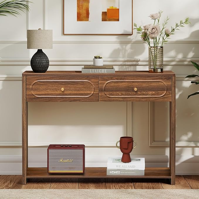 ORRD Fluted Console Table with Drawers, Mid-Century Narrow Entryway Table with Open Storage Shelves, Hallway Accent Tables Behind Couch Tables for Living Room (Walnut)