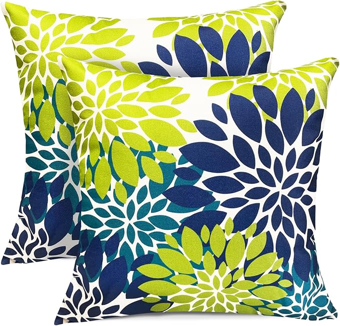 Decorative Throw Pillow Covers Set of 2 Blue Green pillow covers 20x20 Inch Couch Pillow Covers for Sofa Living Room Outdoor throw pillow cover Linen Square Floral Flower Farmhouse Pillowcase