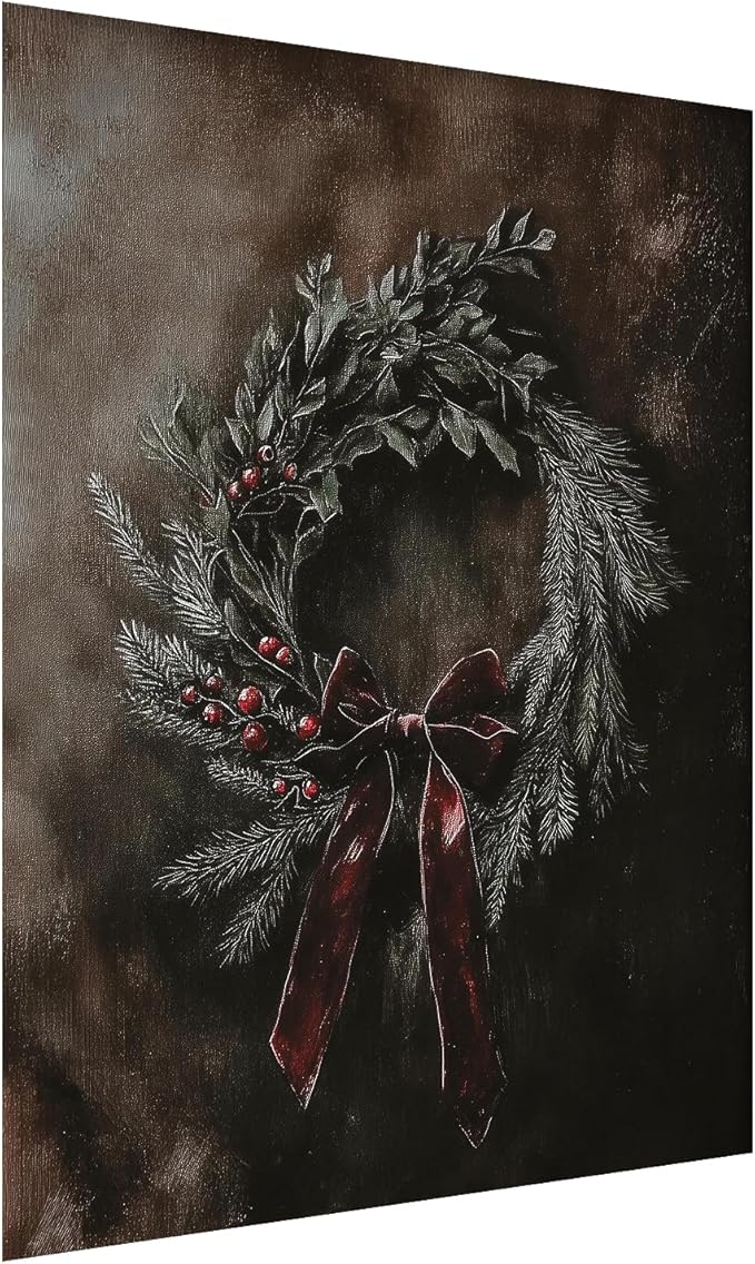 Vintage Moody Christmas Wall Decor - Dark Victorian Holiday Wreath Print - Winter Home Decor - Festive Vertical Art 12x16 Inch Unframed