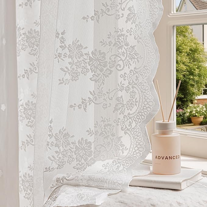 White Semi-Sheer Curtains 2 Panels – Vintage Floral Lace for Bedroom/Kitchen, Airy Rustic Privacy Light Filtering Rod Pocket Window Drapes, Elegant Chic Victorian Pattern Design, 52W x 45L Inch