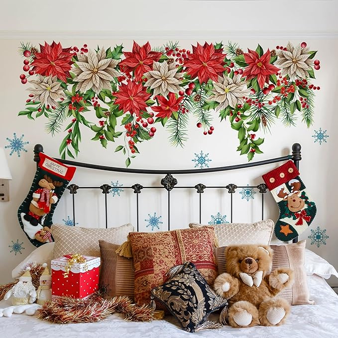 Christmas Wall Stickers Decor- Flower Wall Decals Peel and Stick Xmas Santa, Reindeer, Gifts Removable Wall Art for Home Party Office Classroom Winter Holiday (A)