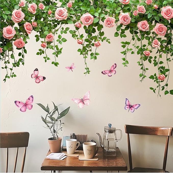 Rose Vine and Butterfly Wall Decals Stickers — Elegant Pink Roses and Flying Butterflies Removable Vinyl Wall Decor for Living Room, Bedroom, Office, Garden Theme Decoration