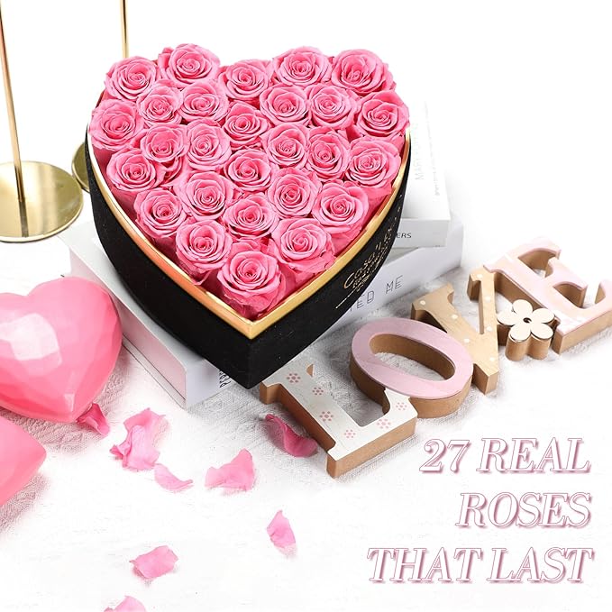 Preserved Roses Flowers for Delivery 27 Pcs, Forever Flores in Heart Box with Necklace, Eternal Rose Anniversary Birthday Gift for Women Wife Girlfriend, Rosas for Valentines Christmas, Pink