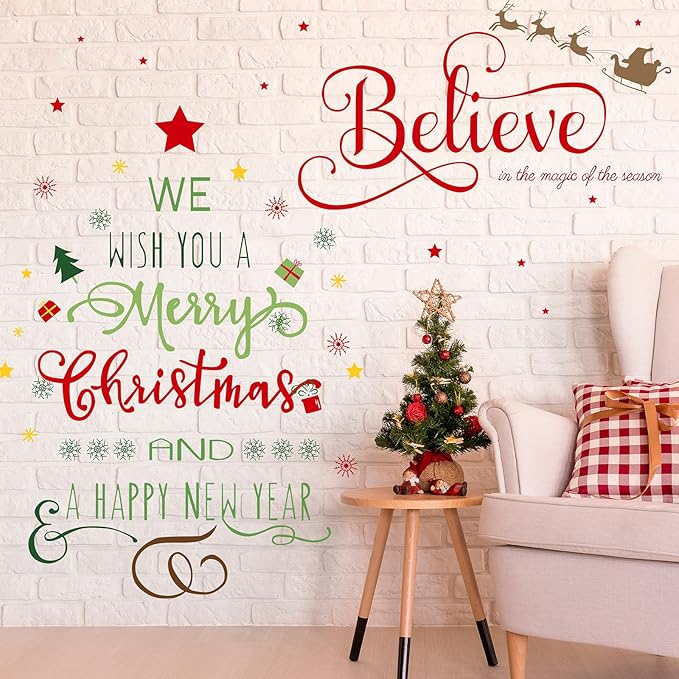 Outus Christmas Decal Stickers New Year Happy Believe Quotes Wall Decals Reindeer Tree Vinyl Art Decor Removable Modern for Party Supplies Home Window