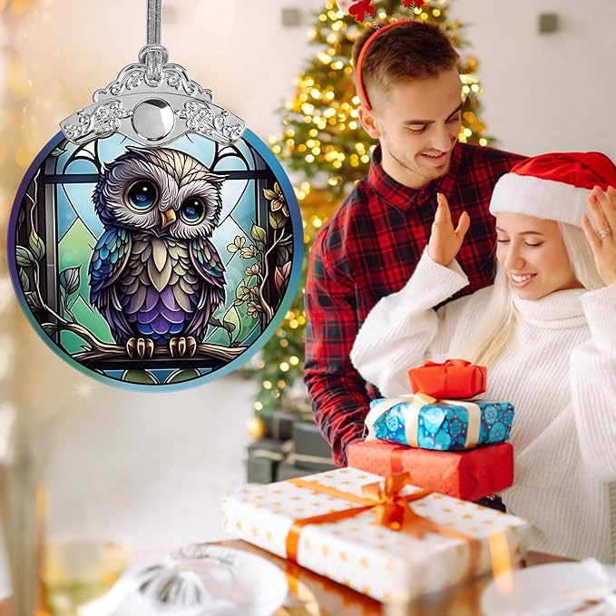Owl Christmas Ornaments - Stained Glass Holiday Decorations, Tree Ornaments, Xmas Gifts for Owl Lovers