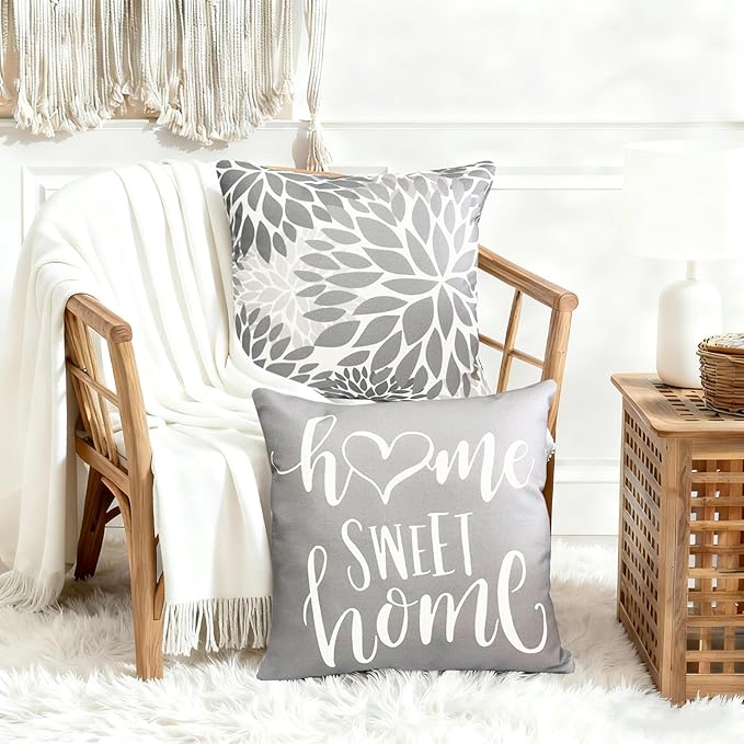 Decorative Throw Pillow Covers Set of 4 Grey Pillow Covers 22x22 inch Square Linen Throw Pillow Cases Modern Farmhouse Outdoor Couch Pillow Cover for Sofa Bedroom Living Room(Gray)