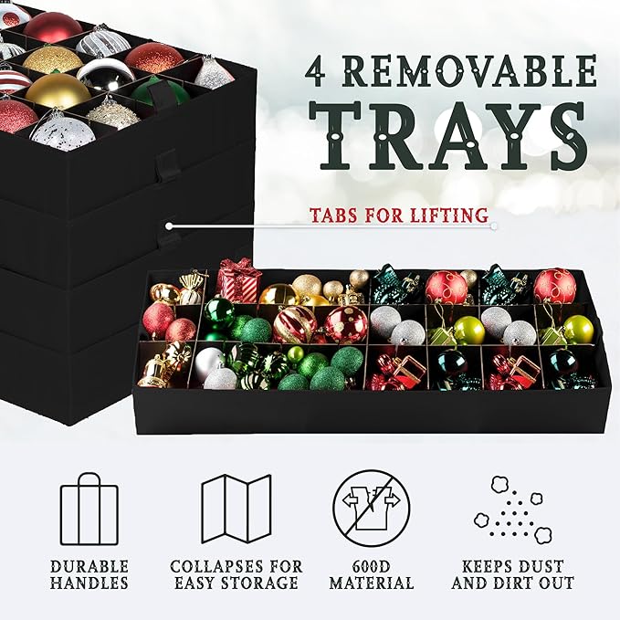 Christmas Ornament Storage Container,Box Stores Up to 128-3 inch ornaments, Adjustable Dividers, Large Organizer Bin to Protect and Store Holiday Décor - Green