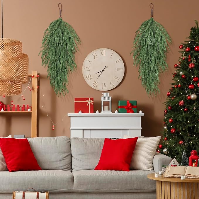 2 Pack 32" Extra Long Artificial Christmas Teardrop Swag - Faux Pine Needles Teardrop Door Swag, Xmas Norfolk Greenery Teardrop Wreath for Door Table Mantle Fireplace Indoor Outdoor Decor, Dark Green