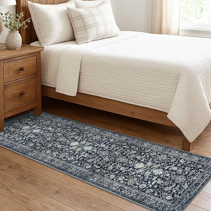 KILOCOCO Hallway Runner 2x7 Rug Runner Printed Vintage Floral Washable Kitchen Runners Non-slip Rubber Backed Runners for Hallways Laundry Room Distressed Boho Rugs for Entryway Bedroom, Navy/Charcoal