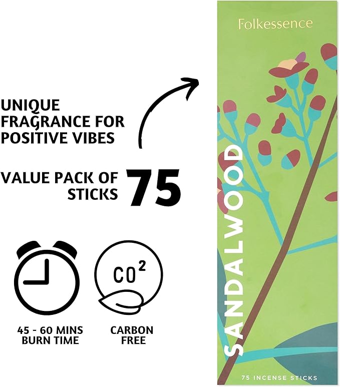 Folkulture Incense Sticks (75 Sticks) |8" Premium Sandalwood Incense Sticks for Calming,Aromatherapy, Stress Relief Gifts|No Charcoal,Organic,Non Toxic, 45 Mins, Long Burning Insence-Sticks