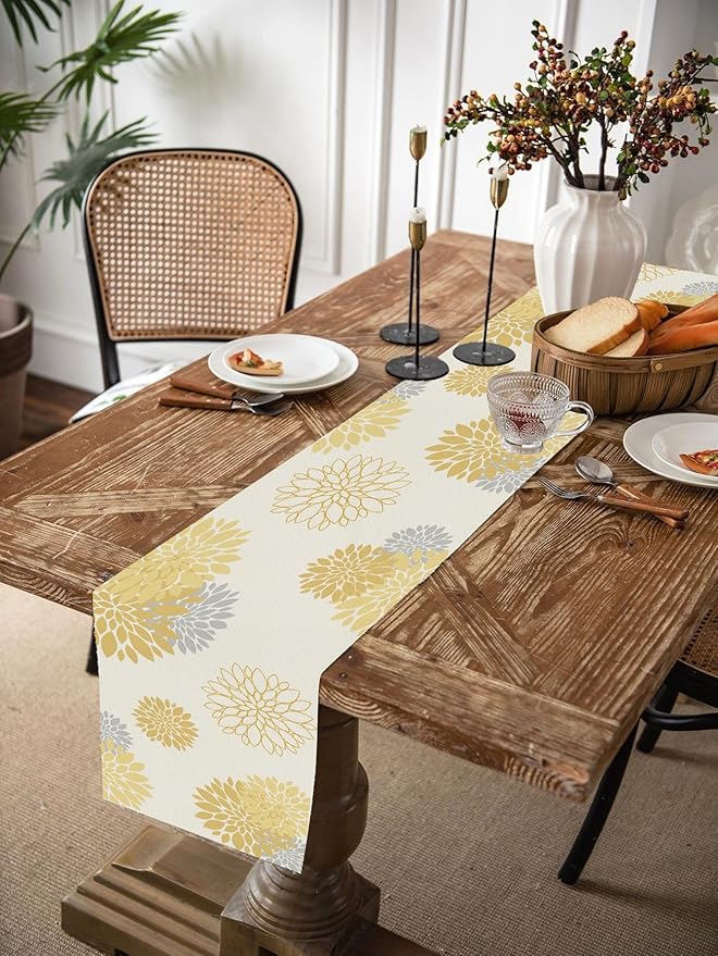 Yellow Gray Table Runner Dahlia Pinnata Flower Beige Table Runners Modern Elegant Pompon Farmhouse Geometric Table Center Decor for Girls Room Dining Party Patio (13 x 90 Inch)
