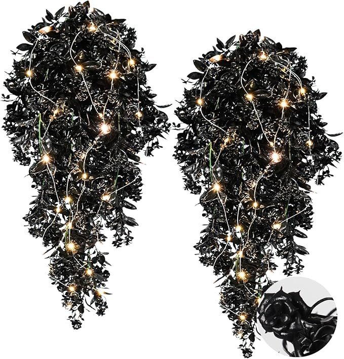 RECUTMS Black Fake Hanging Plants Realistic Artificial Hanging Plants Outdoor with LED String Lamps Hanging Leaves Vines Plastic Rose Flowers All Year Round Decor for Halloween (Black)