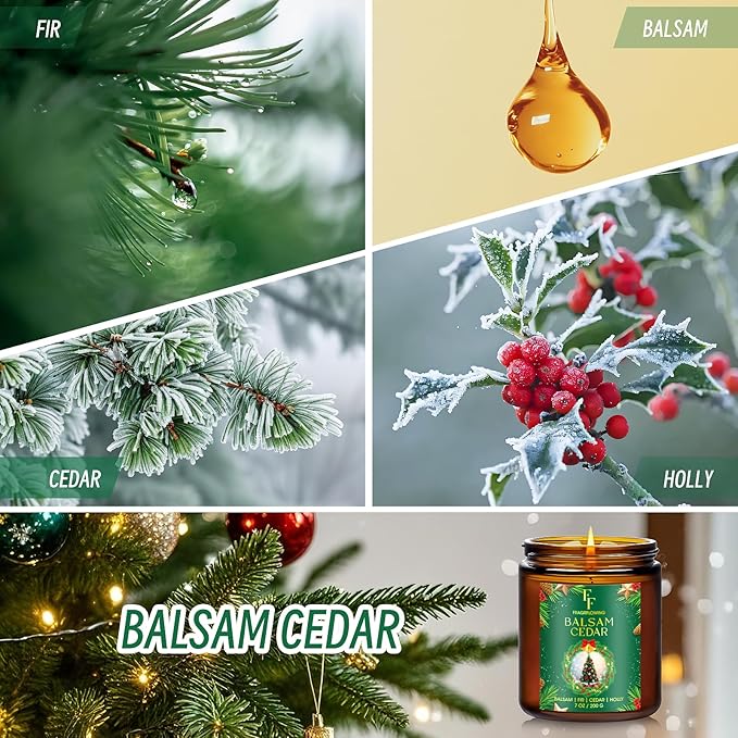 Christmas Candle, Balsam Cedar Scented Candles for Home, Holiday Candles Natural Soy Candle, Aromatherapy Candle 7 oz Jar Candles Christmas Gifts for Women Men