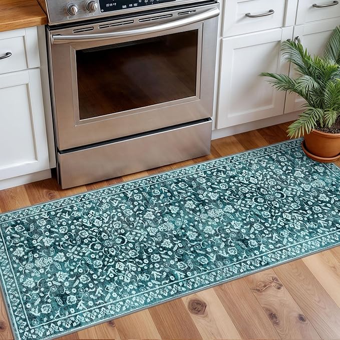 Vintage Washable 2x5 Rug Runner, Dark Teal Runners for hallways, Super Soft Kitchen Runner Rug Non Slip, Print Faux Wool Floral Thin Carpet Runner for Entryway Indoor Bedroom