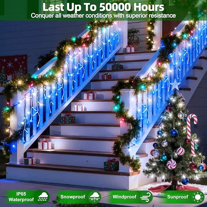 612 LED Christmas Lights with 136 Drops, 60ft 12 Modes Hanging ice String Lights with Timer & Dimmable & Waterproof, Plug-in Fairy Lights for Holiday Wedding Party Christmas Decor Blue & CoolWhite