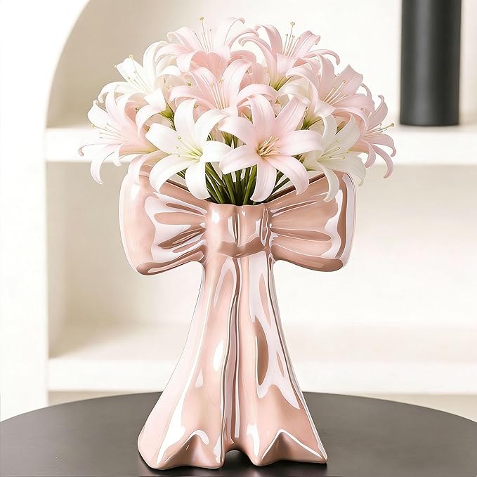 Bow Vase Pink Vase Ceramic Cute Decorative Flower Tulip Farmhouse Dazzling Modern Home Decor Pampas Grass for Table Bathroom Shelf