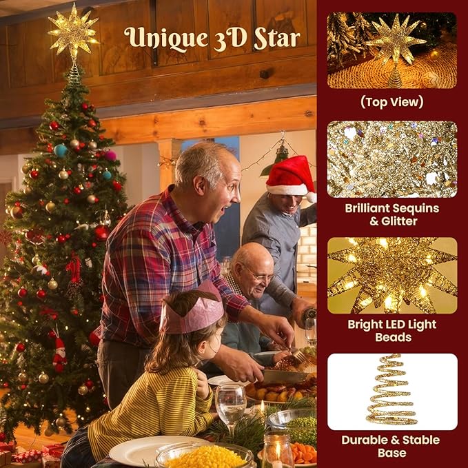 Luxspire Christmas Tree Topper, 3D Starburst Lighted Tree Topper, Plug in Christmas Star with Timer, Light Up Xmas Vintage/Modern Decorations for Holiday, Champagne Gold